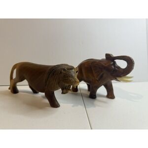 Carved Wood Vintage Lion & Elephant Africa Animals Mcm Figure READ Description